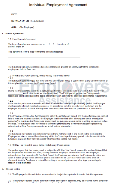 Employment Agreement Templates Nz